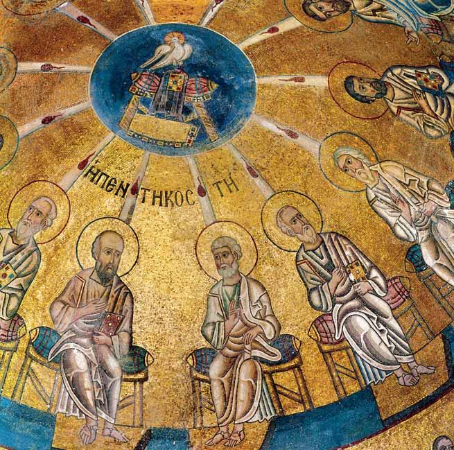 Pentecostes, mosaico da primeira metade do século XI do mosteiro de Hosios Loukas, Chaidari, Atenas Talvez, no mundo atual, fosse mais simples e reconfortante poder ouvir pastores que falam a todos