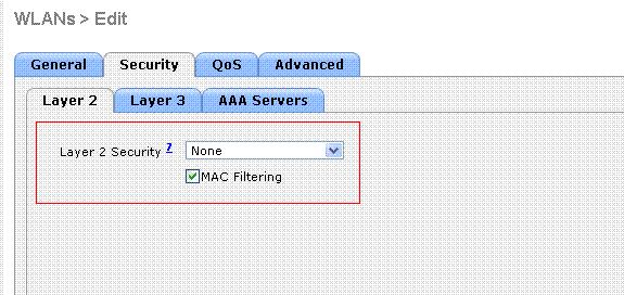 Sob políticas de segurança > Segurança da camada 2, verifique a caixa de verificação de filtração MAC.Isto permite a autenticação de MAC para o WLAN.