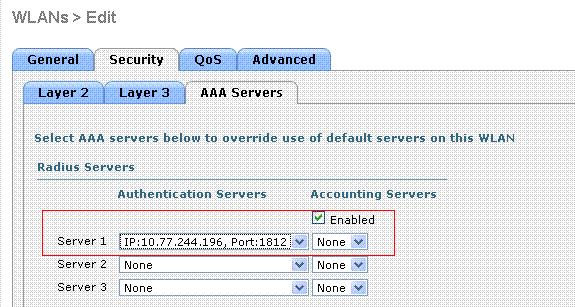 Nota: Antes que você possa selecionar o servidor Radius do WLAN > edite o indicador, você deve definir o servidor Radius no indicador da Segurança >