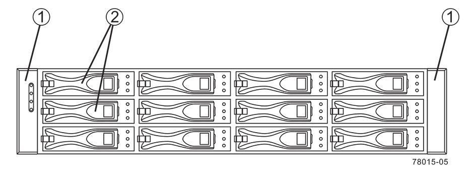 4 DSA E-Series 3TB Dimensões da nidade de expansão 60AT 1 Tampas (a tampa esqerda tem os LEDs do tableiro de nidades) 2 Unidades 3 Tampa direita Vista traseira - nidade de expansão