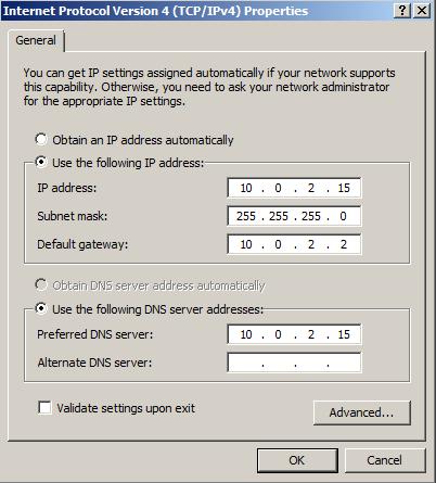 Figura 1: Propriedades da placa de rede Na Figura 1 podemos visualizar a configuração de IP address e Subnet mask, apenas salientando que em Preferred DNS server deve ser configurado o mesmo endereço