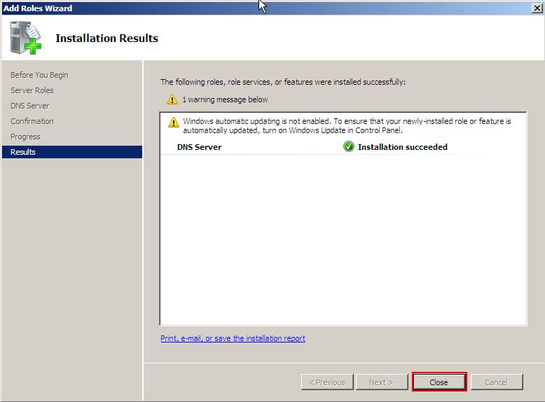 Figura 8: Resultado da instalação Configurando DNS Server no Windows Server 2008 R2 Antes de configurar o servidor DNS, você deve estar familiarizado com os seguintes conceitos: Forward lookup zone