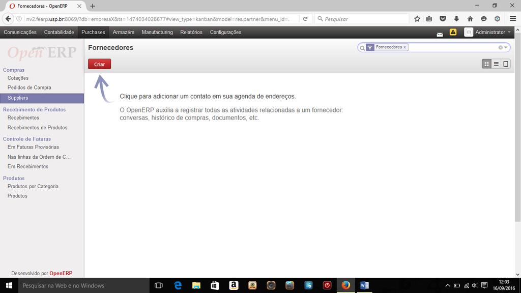 Figura 2 - Criação de Fornecedores, menu Compras (Purchase) Clicando no botão Criar