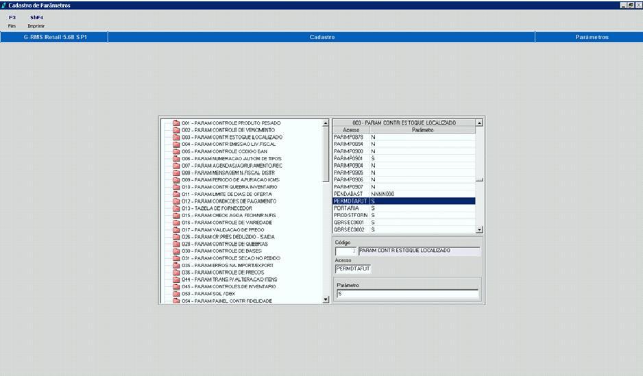 Parâmetro:003. Acesso: PERMDTAFUT. Conteúdo: S.