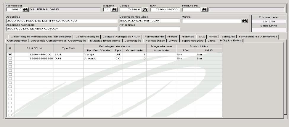 Múltipla Embalagem por EAN Foi incluída no Cadastro de produto a aba MÚLTIPLOS EAN S, onde podemos informar as embalagens de venda por Unidade ou Embalagem.