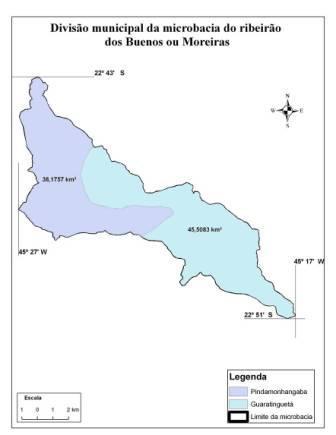 Figura 1: Divisão municipal da microbacia do ribeirão dos Buenos ou Moreiras
