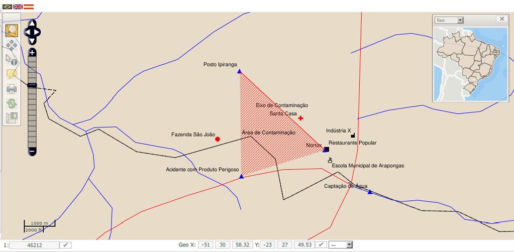 Figura 09 Visualização com zoom dos objetos cadastrados e dos temas limite de município, hidrografia e rodovias.