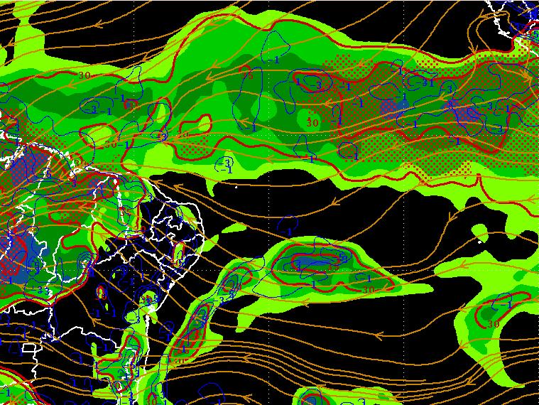 As linhas vermelhas contínuas representam o índice K>30, já as linhas contínuas em azul representam áreas de levantamento no nível de 850 hpa (Omega<0).