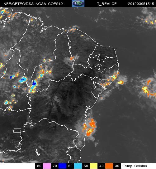 Nesta imagem são verificadas nuvens convectivas com topos entre -30 e -60 C ao longo de AL e no sudeste de PE.