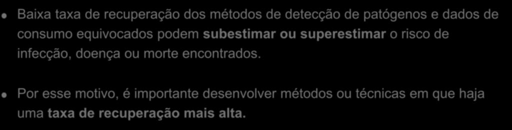 métodos de detecção Baixa taxa de recuperação dos métodos de detecção de patógenos e dados de consumo equivocados podem subestimar ou superestimar o