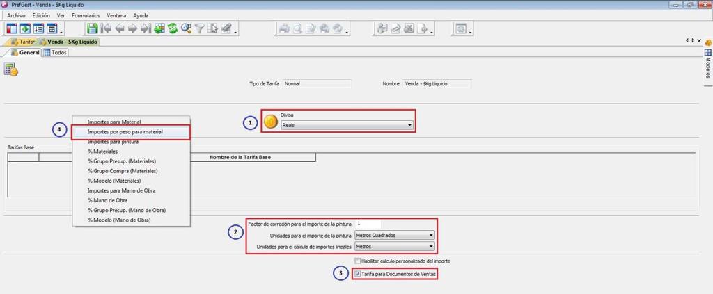 Tarifa Venda - $Kg Liquido Preço de Venda por Kilo Liquido Abra o PrefGest e na tela principal, vá na coluna Aplicaciones do lado esquerdo e clique no ícone Tarifas ; Clique no botão Añadir para