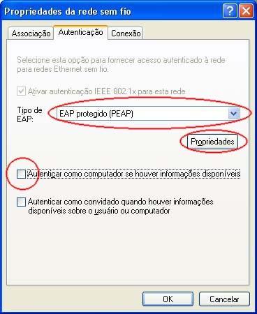 10. Na aba Autenticação mude os itens Tipo de EAP e Autenticar como