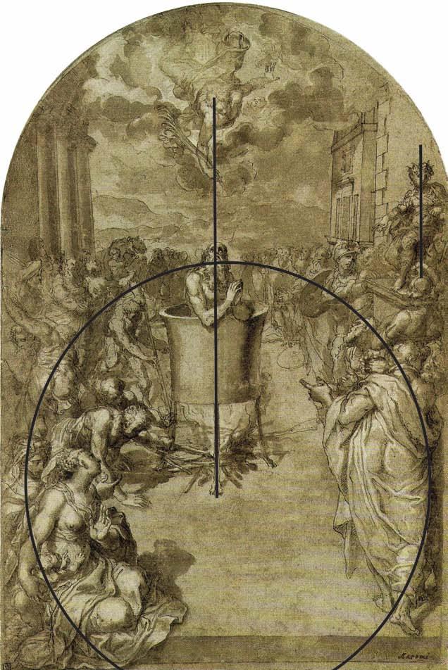 [Fig.38] Marco Pino, O martírio de São João Evangelista,1568-69 (esquema interpretativo).