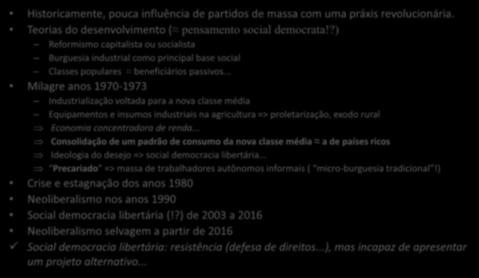 Brasil Historicamente, pouca influência de partidos de massa com uma práxis revolucionária. Teorias do desenvolvimento ( pensamento social democrata!