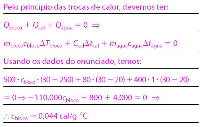 EXERCÍCIOS ESSENCIAIS 7 (UEL-PR) Para se determinar o calor específico de uma liga metálica, um bloco de massa 500 g dessa liga foi introduzido no interior de um forno a 250 ºC.