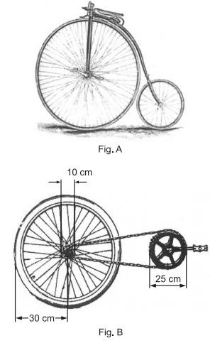 a) Qual a velocidade de translação do biciclo de Michaux para um diâmetro da roda de 1,20m? b) Qual a velocidade de translação para a bicicleta padrão aro 60 (Fig.
