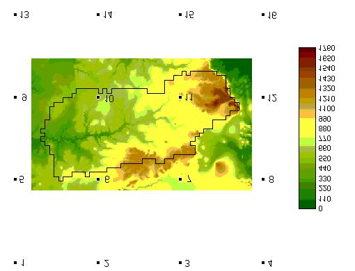 Figura 4-5: A bacia do rio Uruguai e a grade de pontos de previsão do modelo global do CPTEC (os pontos indicam a posição do centro da célula do modelo e as cores indicam a altitude em metros,