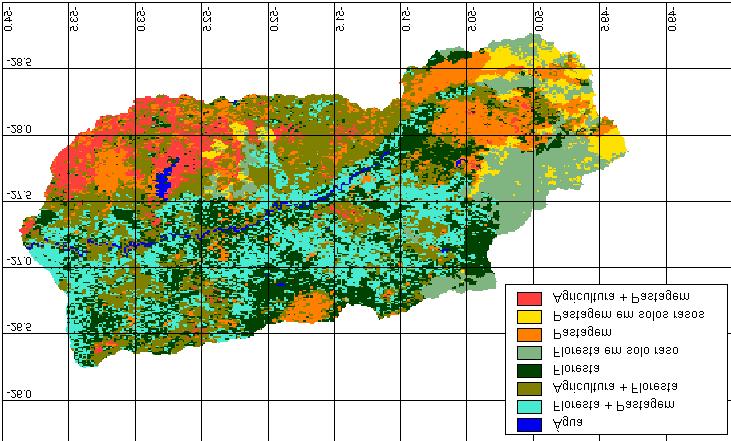 Figura 7-3: Classes combinadas de uso do solo, cobertura vegetal e tipos de solos. Figura 7-4: Discretização e rede de drenagem criada para a bacia do rio Uruguai. 7.2.