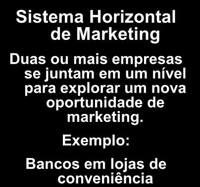 Inovações nos Sistemas de Marketing Sistema Horizontal de Marketing Duas ou mais empresas se juntam em um nível para explorar um nova oportunidade de marketing.