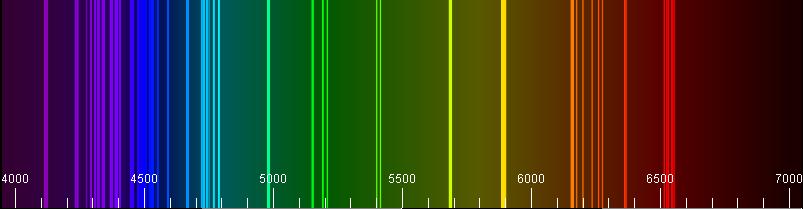 10//017 Espectro de emissão na região do visível, com intensificação artificial das linhas fracas: Nas linhas mais fortes, é possível a identificação de séries: Série principal : 1s s p 6 np