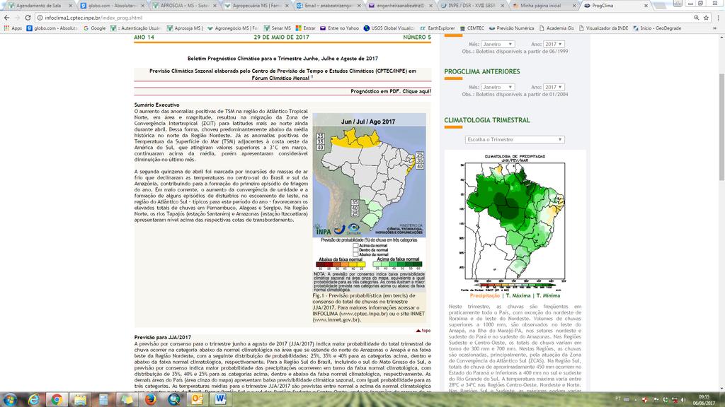 Prognóstico Climático De acordo com o Prognóstico Climático para Junho, Julho e Agosto (JJA) de 2017 (figura 4), as chuvas para as regiões produtoras de Mato Grosso do Sul, devem permanecer entre as