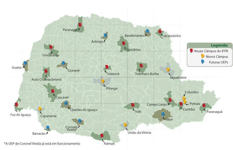 Figura 1- Localização das Unidades do IFPR no Estado do Paraná 1 Dados Gerais do IFPR Na Figura 1 visualiza-se a distribuição atual da presença do IFPR no Estado do Paraná.