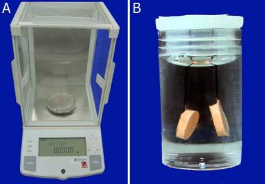 52 Materiais e Métodos Figura 9. A) Balança de precisão HM-200. B) Corpos-de-prova no frasco contendo 7,5 ml de água deionizada e destilada.
