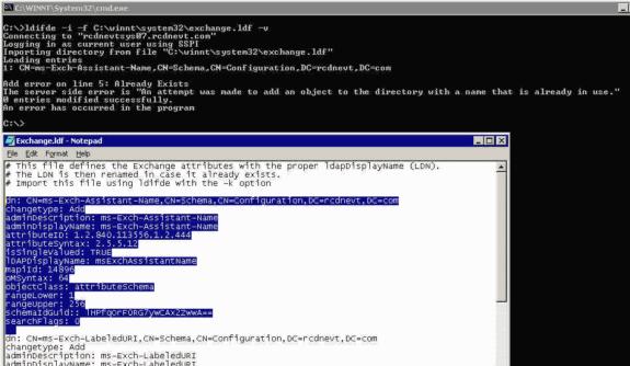 10. Cada esquema AD é configurado diferentemente. No exemplo acima, CN=ms-Exch-Assistant- Name, CN=Schema, CN=Configuration, DC=rcdnevt, dc=com já existe, e a linha 5 do exchange.