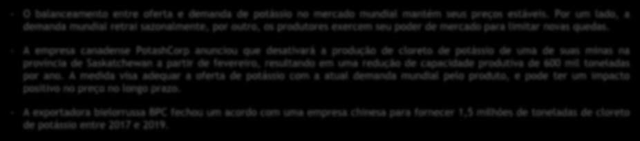 Mercado Internacional - O balanceamento entre oferta e demanda de potássio no mercado mundial mantém seus preços estáveis.