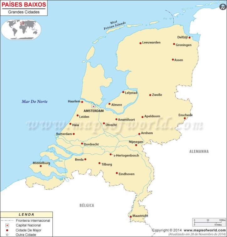 15 Mapa 2: Países Baixos - Grandes Cidades Fonte: Maps of the World, 2016 A geografia da Holanda é relativamente simples: há planícies perto dos deltas dos rios no norte e no oeste e uma área