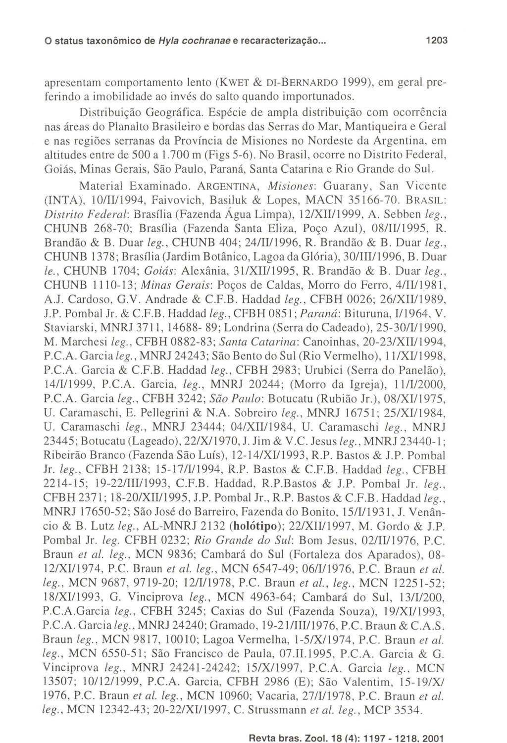 Revta bras. Zool.1 8 (4): 11 97-1218. 2001 o status taxonômico de Hy/a cochranae e recaracterização.