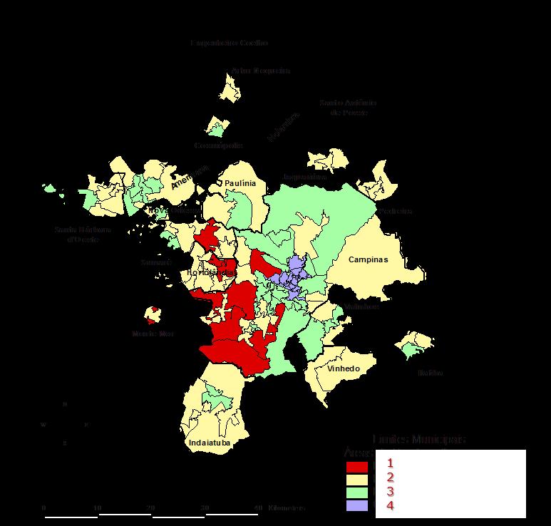 Mapa 1 Zonas de Vulnerabilidade RM de Campinas, 2007 A partir dessa classificação básica também serão obtidos outras divisões tendo em vista o tempo de residência no município, ou mesmo a mobilidade