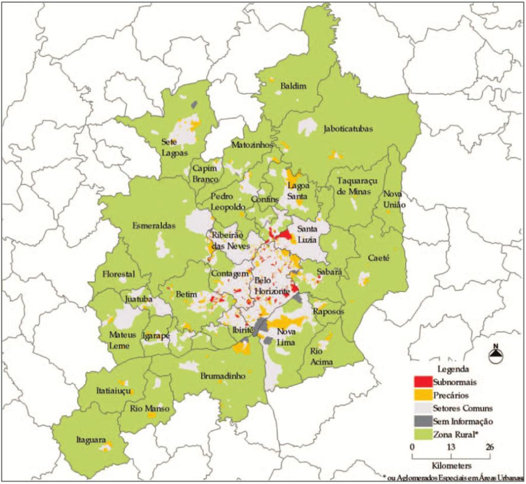 Figura 7.1 Distribuição espacial dos setores censitários segundo o tipo de assentamento. RM de Belo Horizonte e Colar Metropolitano Fonte MARQUES, 2007, p.