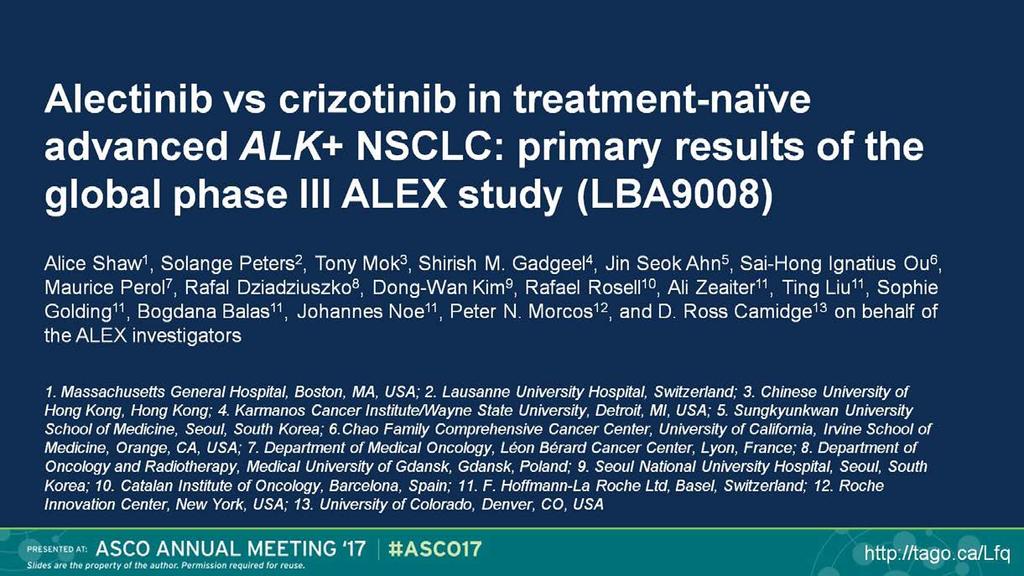 Alectinib vs crizotinib in treatment-naïve advanced ALK+ NSCLC: primary results of the