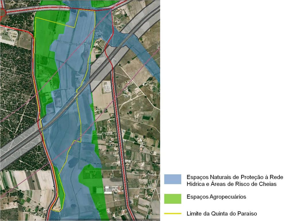 Espaços Naturais de Proteção à Rede Hídrica e Áreas de Risco de Cheia e parcialmente em Espaços Agro-Pecuários, conforme figura seguinte. Fonte: C.M.