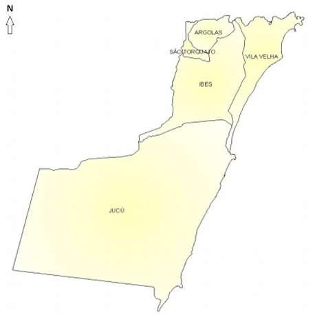 586 habitantes e uma extensão de 208,820 km² (IBGE 2010), composto de cinco divisões distritais (figura 1), sendo elas Ibes, Vila Velha, Argolas, Jucu e São Torquato (INCAPER, 2011 apud PMVV, s/d).