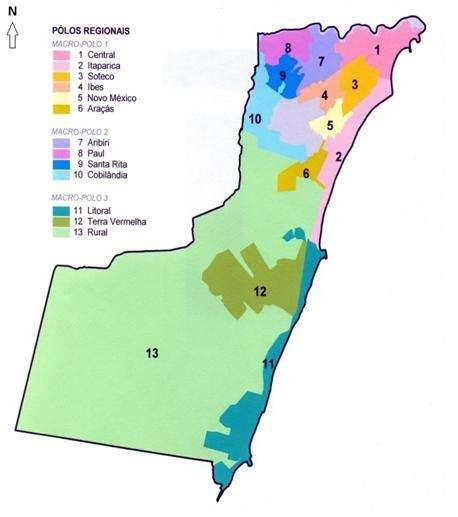 uma divisão distrital, como já demonstrado em mapa (figura 1) e também uma divisão de macro-pólos, delimitados pelas características de uso da região bem como a predominância sócio-financeira do