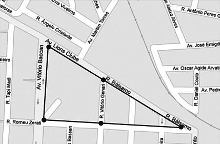Considere que a Rua Bálsamo é continuação da Av. Lions Clube; o ponto A é a intersecção da Av. Vitório Baccan com a Av.