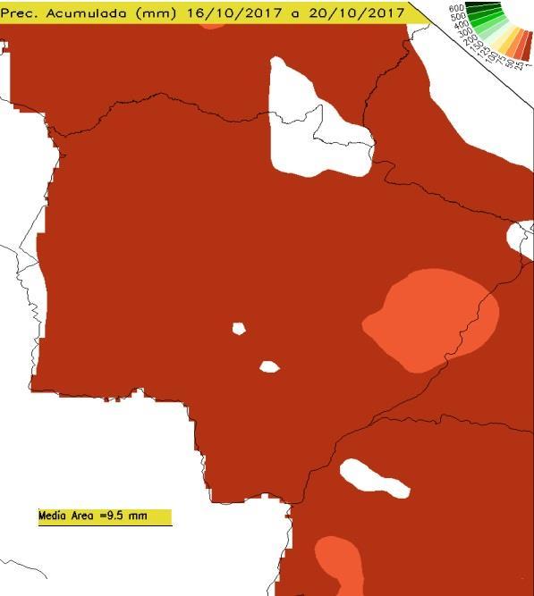 Precipitação Pluviométrica Acumulada para o Mato Grosso do Sul Entre os dias 16 a 20 de outubro de 2017, verifica-se, na figura 1, que ocorreram precipitações em todo estado variando de