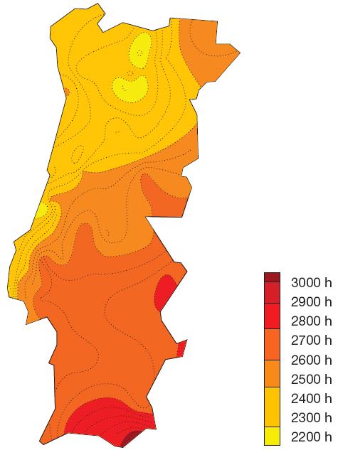 climatéricas. As horas de insolação anuais e a radiação incidente no plano horizontal de Portugal são apresentadas na Figura 7.