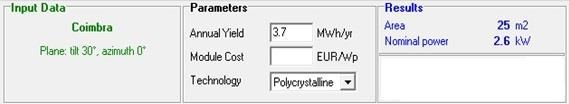 No passo seguinte da simulação, verifica-se que para se assegurar uma produção de 100% do consumo de 3673 kwh/ano é necessária uma área de 25m 2 para a colocação dos painéis solares e uma potência