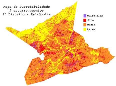 1º Distrito Petrópolis Legenda: Mapa elaborado a partir da integração temática dos mapas de estado natural: regiões (probabilidade inicial anual de acidentes por região), declividade, vegetação,