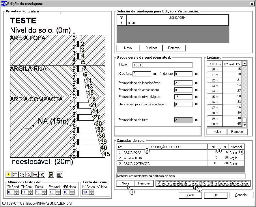 Exemplo 07 - Processamento de edifício com blocos e estacas 199 (4) digite 20,00 para a profundidade do indeslocável; (5) digite 15,00 para a profundidade do nível d água; (6) clique Incluir para