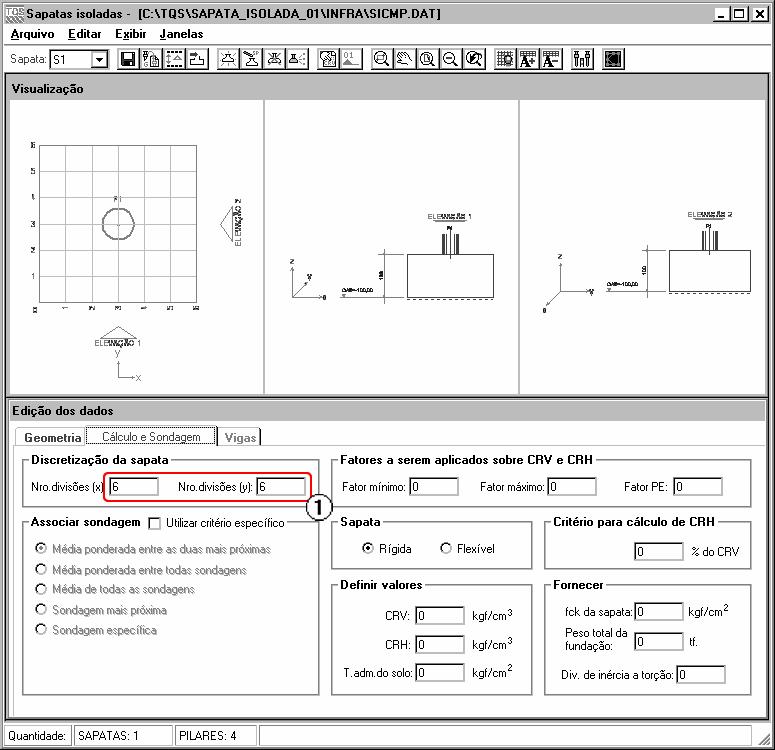 20 SISEs Sistema de Interação Solo - Estrutura (1) altere o número de divisões (x) e (y) para 6.