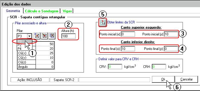 82 SISEs Sistema de Interação Solo - Estrutura (1) selecione o P3 ; (2) digite 100 para Altura ; (3) digite 0 para Ponto inicial (x) e 10 para Ponto inicial (y) ; (4) digite 10 para Ponto final (x) e