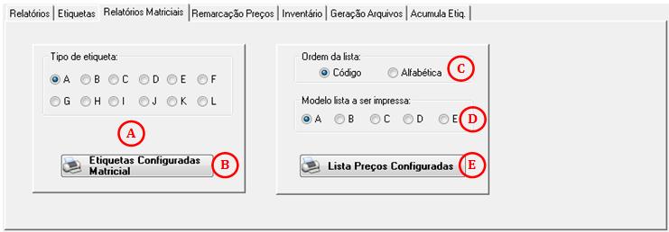 A. Etiquetas: Campo para procurar o modelo de etiqueta que será utilizada; B. Lista de Etiquetas: Apresenta uma lista de etiquetas para a impressa, basta escolher o modelo desejado; C.