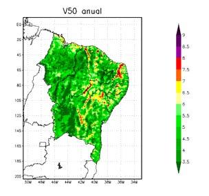 A B Figura 2 Vento anual médio a 50m de altura (A) e fator de escala da distribuição de Weibull (B). Unidade é m/s.