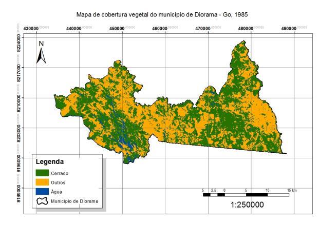 Tabela 1. Área das classes de uso e cobertura do solo e proporção (%) ocupada no Município de Diorama, Estado de Goiás, para os anos 1985 e 2015. Classes 1985 2015 Área (ha) % Área ( ha) % Cerrado 35.