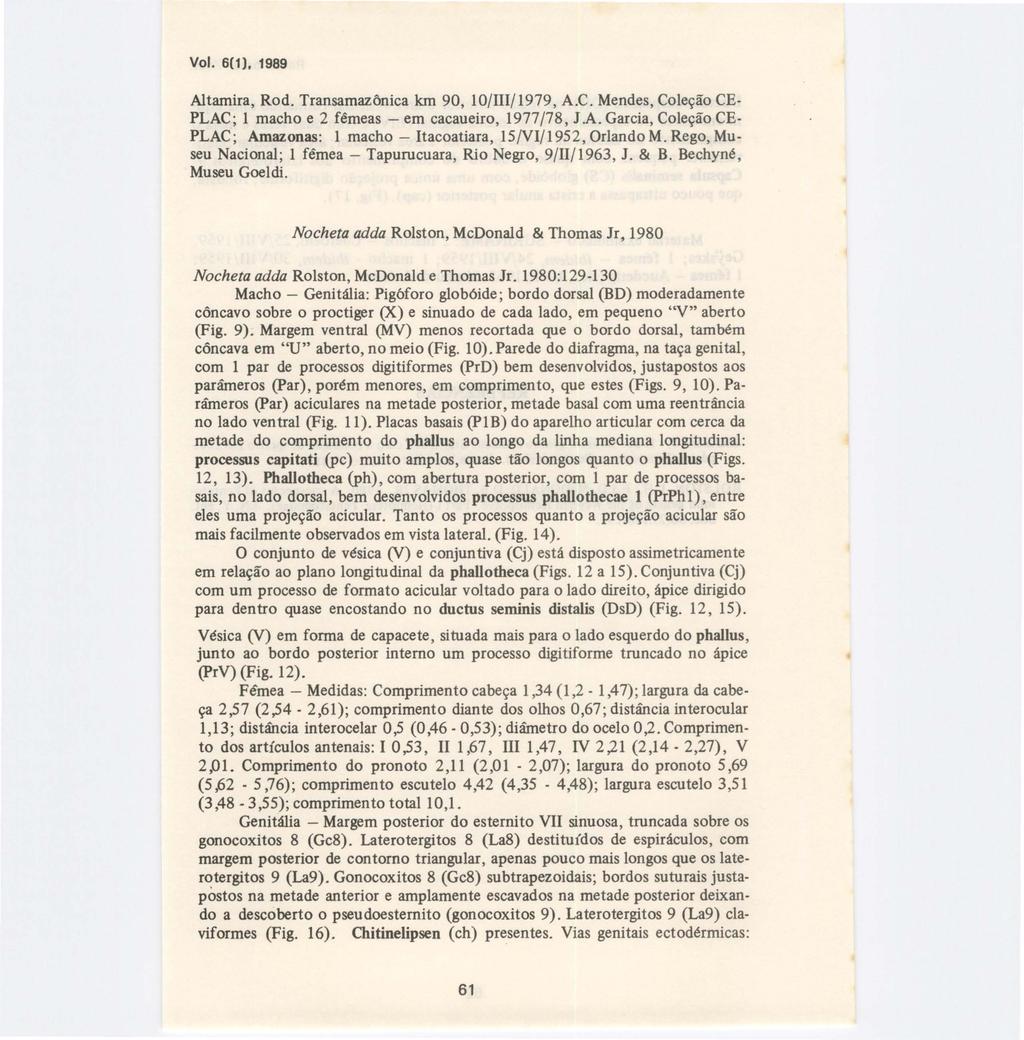 Vol. 6(1), 1989 Altamira, Rod. Transamazônica km 90, 1 0/I1I/ 1979, A.C. Mendes, Coleção CE PLAC; 1 macho e 2 fêmeas - em cacaueiro, 1977/78, J A.