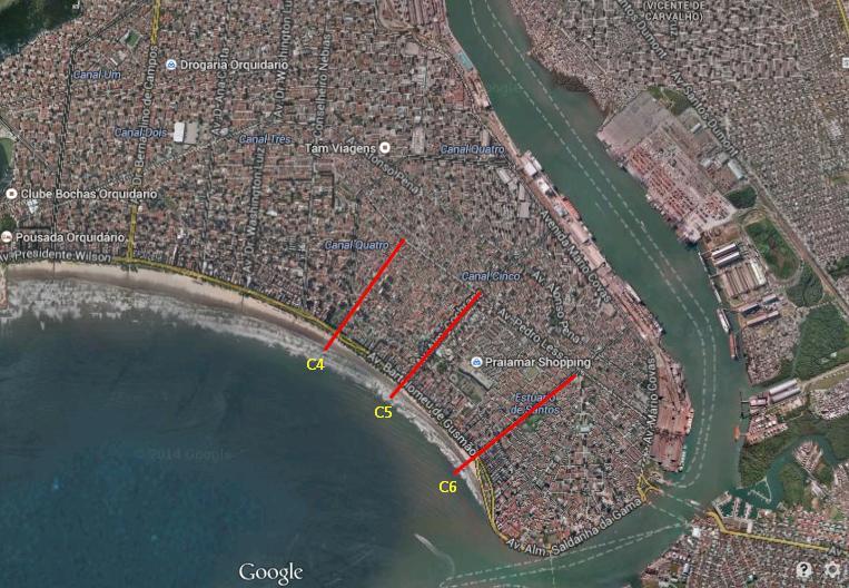 Figura 1: Canais de drenagem na Baia de Santos onde foram realizadas as coletas. Canal de Drenagem 4 (C4)= área 1, Canal de Drenagem 5 (C5)= área 2 e Canal de Drenagem 6 (C6)= área 3.